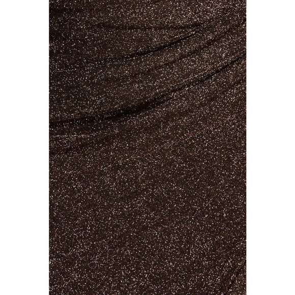 Brown Metallic Glitter Sleeveless V-Neck Ruched Wrap Detail Bodycon Mini Dress - Picture 12 of 13